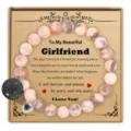 Exquisite beaded bracelet gift for girlfriend with romantic message card and heart pendant detail view - Projection Stone (Girlfriend Card) / Pink Zebra Stone
