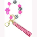 Porte-clés perles en silicone avec croix rose et gland pour bracelet élégant femme - Jésus Rose
