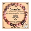 Rhodonite beaded bracelet with tree of life charm, perfect mother's day gift for grandma. - Tree of Life (Grandma Card) / Rhodonite
