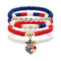 Detailed view of USA Independence Day clay bead bracelet stack with patriotic star pendant. - America USA 4-Piece Set / Red White Blue