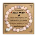 Pink zebra jasper beaded bracelet mother gift with footprint charm and sweet message card. - New Mom Card / Stainless Steel Footprint