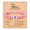 Pink woven rope bracelet with cross cube charm on blessing card for girls fashion gift - Cross Woven Bracelet (Pink Blessing Card) / Pink
