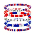 Close-up detail of red white and blue polymer clay beaded bracelets with USA and America letters. - USA 5-Piece Set / Red White Blue