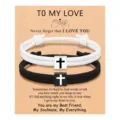 Couple braided rope bracelets set with cross square charms on love message card gift - Couple Cross Woven Bracelet Set (Romantic) / Black and White