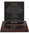 Detailed view of braided leather bracelet featuring magnetic stainless steel clasp and message card. - To My Man