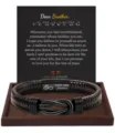 Men's braided leather bracelet with stainless steel magnetic clasp and romantic engraved love message. - Dear Brother