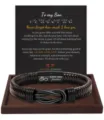 Men braided leather bracelet with black magnetic clasp and engraved card for daily gift. - To My Son