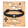 Black braided rope cross bracelet with inspirational quote card, ideal men fashion gift. - Cross Woven Bracelet (Bible Verse) / Black