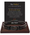 Men braided leather bracelet with stainless steel magnetic clasp and romantic message card. - Dear Husband