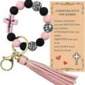 Porte-clés bracelet en perles de silicone avec pompon rose, croix et carte inspirante. - Croix Rose