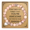 Pink beaded gemstone bracelet with heart charm inspirational message gift card for women - Heart Pendant / Pink Zebra Stone