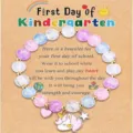 Kids first day of kindergarten beaded bracelet set with cute unicorn charm and greeting card gift. - First Day of Kindergarten