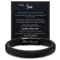 Detailed view of men black braided leather bracelet with stainless steel magnetic clasp and card - Stainless Steel Accessories / To My Son