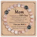 Pink zebra jasper and lava rock beaded bracelet with sweet mother sentiment display card. - Bracelet (Mom Card) / Pink Zebra Stone