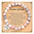 Natural stone beaded bracelet with sister stainless steel heart charm gift card - Pink Zebra + sister Card