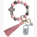 Porte-clés en perles de silicone avec perles léopard roses blanches et pompon en cuir. - Ensemble Foi Rose