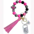 Porte-clés en perles de silicone avec pompon en cuir rose pendentif croix et étiquette - Ensemble Foi Infirmière