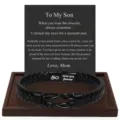 Black braided leather bracelet for men, stainless steel magnetic clasp with engraved text. - 21cm / Pure Black Leather Cord + Engraving