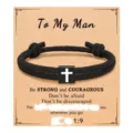 Men black rope braided cross bracelet with emotional message card gift for him daily wear. - Cross Woven Bracelet (To My Man) / Black