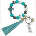 Porte-clés bracelet en perles de silicone avec pompon et pendentif croix pour clés sac de femmes. - Ensemble Foi Médical
