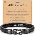 Men braided leather bracelet with birthday card, stylish black clasp stainless steel gift. - 21cm / 40th