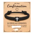 Black braided rope bracelet with cross charm on confirmation greeting card for men gifts. - Cross Woven Bracelet (Confirmation) / Black