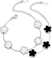 Silver titanium steel double strand bracelet with white and black clover motifs fashion jewelry - Set of 2 Steel Black and White - 16
