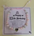 Handmade pink white beaded bracelet for 13th birthday gift with stainless steel heart charm - 13th Birthday Pearl