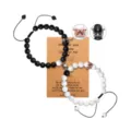 Couple magnetic bead bracelets set with crown charms, matching black and white stone distance bracelets. - Matte Black and White Turquoise with Crown