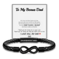 Men black braided leather bracelet with infinity symbol and message card for bonus dad gift - To My Bonus Dad