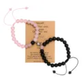 Couple magnetic bracelets set with pink crystal and black stone for Valentine's Gift. - Matte Black and Rose Quartz with Kraft Card