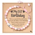 Handmade baby first birthday pearl bracelet with pink and white beads, special keepsake gift. - My 1st Birthday