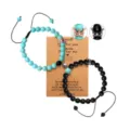 Couple magnetic distance stone bead bracelets set with crown charms for lovers friendship gift. - Matte Black and Turquoise with Crown