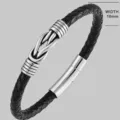 Men black braided leather bracelet with stainless steel infinity knot and magnetic clasp. - Small Twist Design - Steel Color
