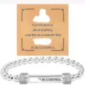 Stainless steel beaded bracelet with engraved metal bar and crystal rings for daily wear SKU - Rhinestone Ring Kraft Card (G-O-D) / Silver