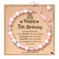 Handmade pink white pearl birthday bracelet for girls kids braided adjustable gift jewelry - Happy 5th Birthday