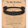 Men's black braided rope bracelet with stainless steel cross charm on message card gift. - Brother-11