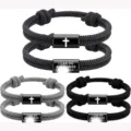 Men's handmade woven rope bracelet with stainless steel cross and faith quote pendant. - Pack of 3 - Double-Sided Engraving - 16