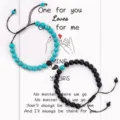 Couple magnetic matching stone bracelets set with heart charm for lovers gift. - Matte Black and Turquoise with Card