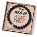 Bracelet de perles en pierre de lave et de lune pour homme avec boîte et carte d'amour. - Pierre de lave et pierre de lune régulière avec carte Man