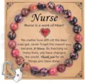 Nurse theme pink jasper beaded bracelet with metal cap pendant gift for women gratitude - Black Lines with Red Pattern - 2