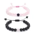 Couple pink crystal and black stone beaded adjustable braided bracelet set for lovers gift - Matte Black + Rose Quartz