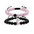Couple magnetic heart rose quartz and black volcanic stone beaded bracelet set for lovers - Matte Black + Rose Quartz + Magnetic Heart 1