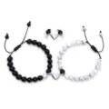 Couple magnetic matching bead bracelets set with black stone and white howlite beads heart clasp - Matte Black + White Turquoise + Magnetic Heart