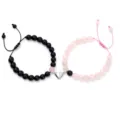 Matching couple magnetic bracelets pink crystal and black stone heart shape jewelry gift - Matte Black + Rose Quartz + Magnetic Heart