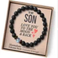 Bracelet en pierre naturelle de roche volcanique avec pierre de lune et coffret cadeau, elastique. - Pierre de lave + carte Son-2 + pierre de lune régulière