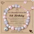 Handmade girls birthday beaded bracelet with pink white pearls and heart charm for kids gift. - 8th
