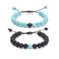 Couple beaded bracelet set with turquoise and black stone beads, adjustable cord for daily wear. - Matte Black + Turquoise
