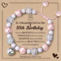Handmade pink white pearl rhinestone bead 10th birthday bracelet with heart pendant gift - 10th Style