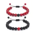 Couple beaded bracelets set featuring red and black stone beads with adjustable woven rope design. - Matte Black + Red Turquoise